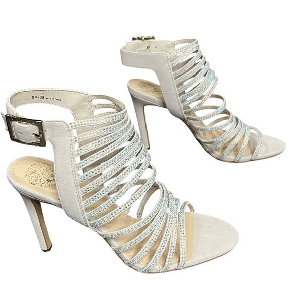 Vince Camuto Kipper Heels 8M True Sand Suede Embellished Strappy Heels Showgirl - Picture 4 of 16